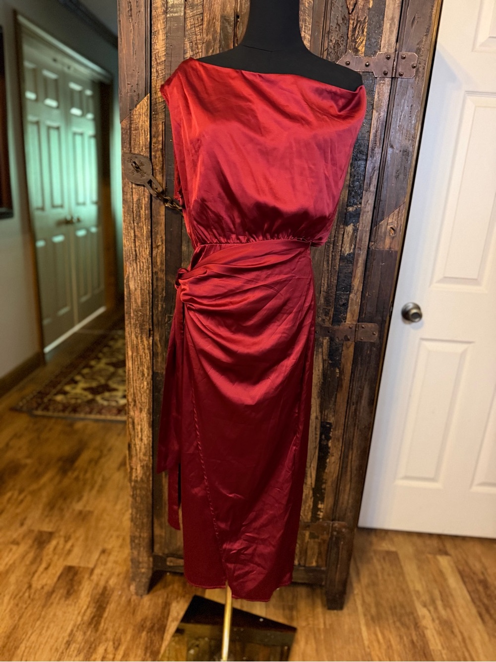 MEROKEETY Satin Midi Dress Womens L Burgundy Red Cowl Neck Ruched Tie Formal